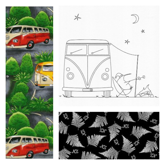 MillyMac Studio~Xmas Kiwi ~Camping~ preprinted linen stitchery & NZ Fat Quarter