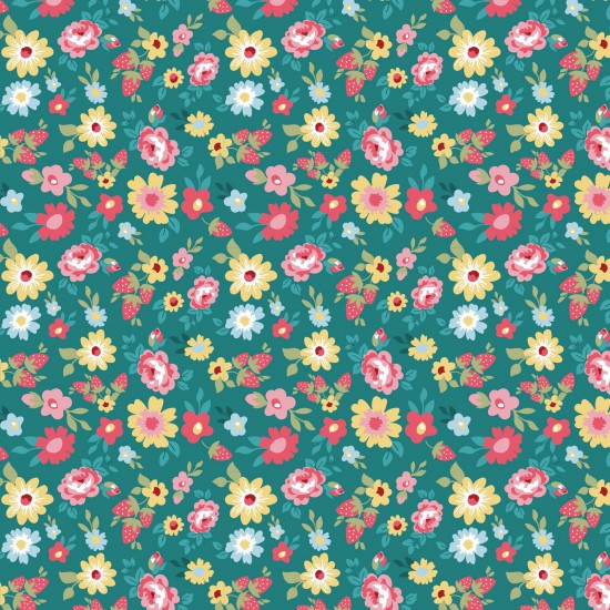 Poppie Cotton~Hopscotch & Freckles~ Flowers & strawberries~ Teal