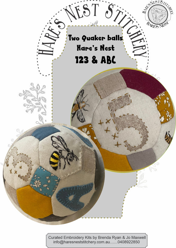 Hare's Nest Stitchery  ~2 Quaker Balls~ 123 & ABC  Kit & Pattern